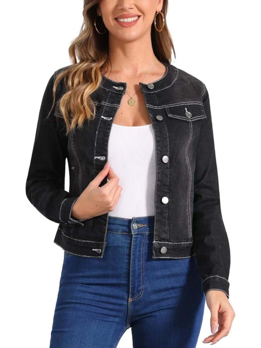 Women's Black Denim Jacket Collarless Round Neck Jean Long Sleeve Jackets